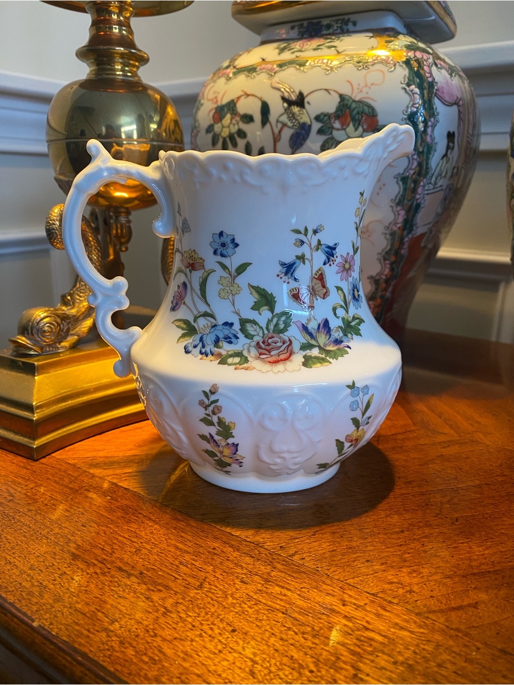 Aynsley Cottage Garden Porcelain Pitcher- White wMulticolor Floral